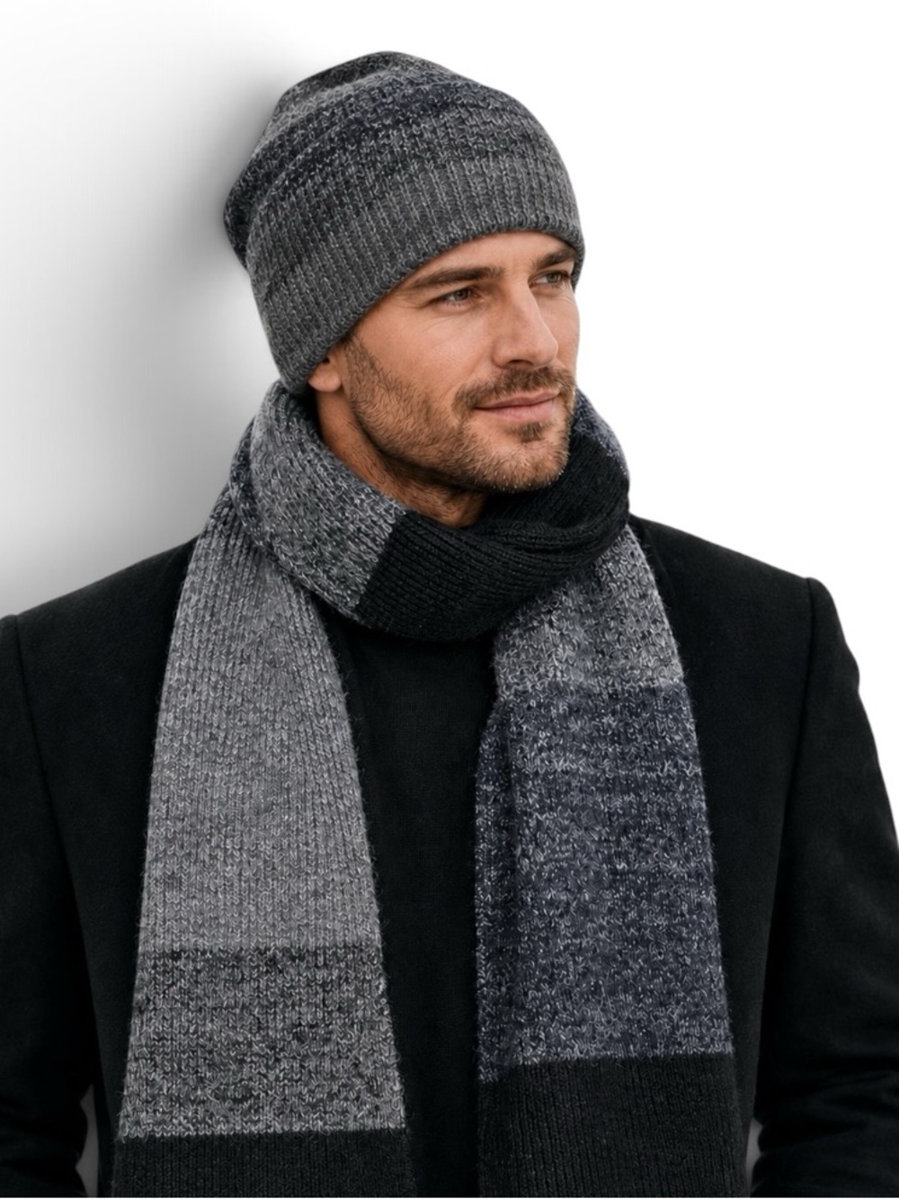 AllSaints Marl Stripe Beanie & Scarf Set Gray Black Blue OS NWT w/o Box